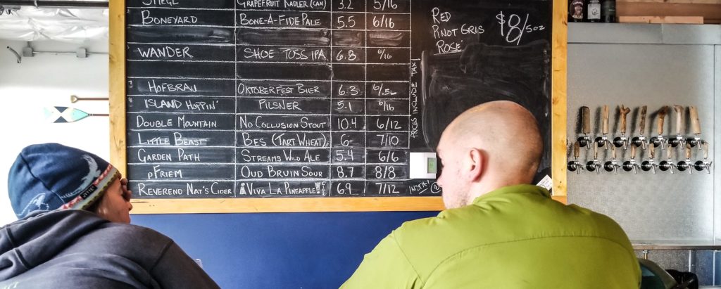chalkboard menu behind two men at a bar