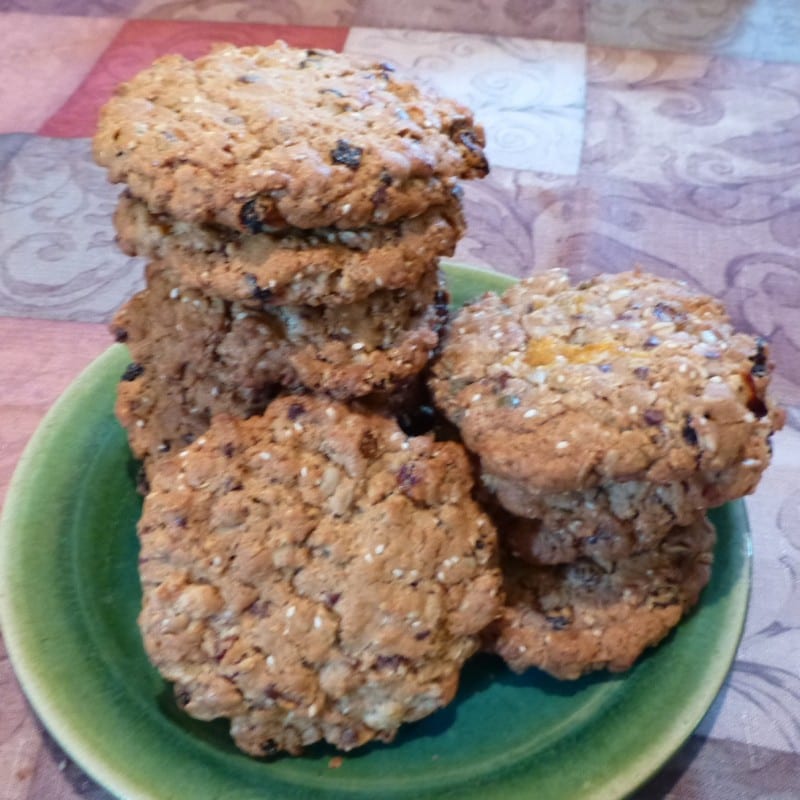 Oatmeal cookies with chocolate chunks, pecans, and cherries stacked on a plate