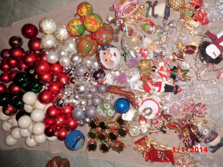 pile of Christmas tree ornaments