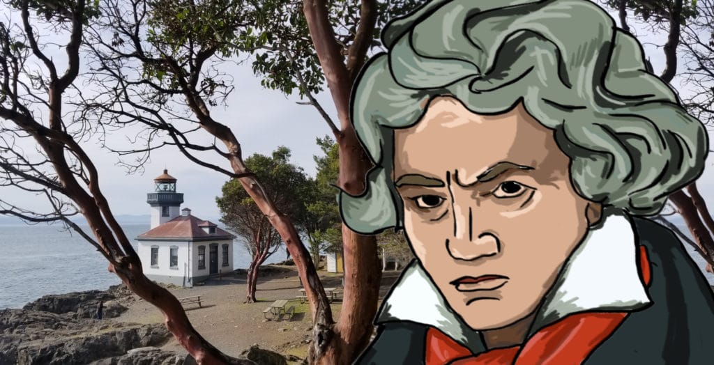 Illustration of beethoven superimposed over a photo of a lighthouse