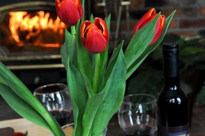 bouquet of red tulips in from of a lit fireplace