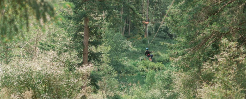 person riding a zi line through a forest