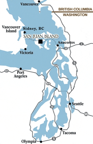 Map of travel routes from the Wasgington State coast to San Juan Island