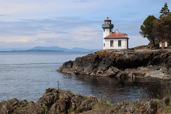 Lighthouse at a rocky shoreline