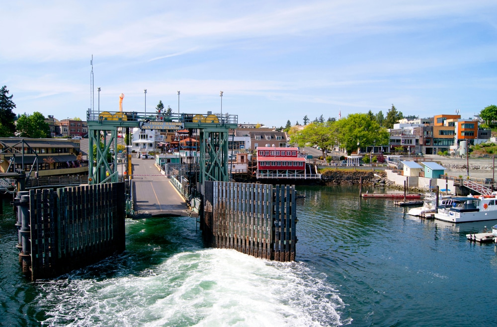 View of the ferry dock from a departing boat