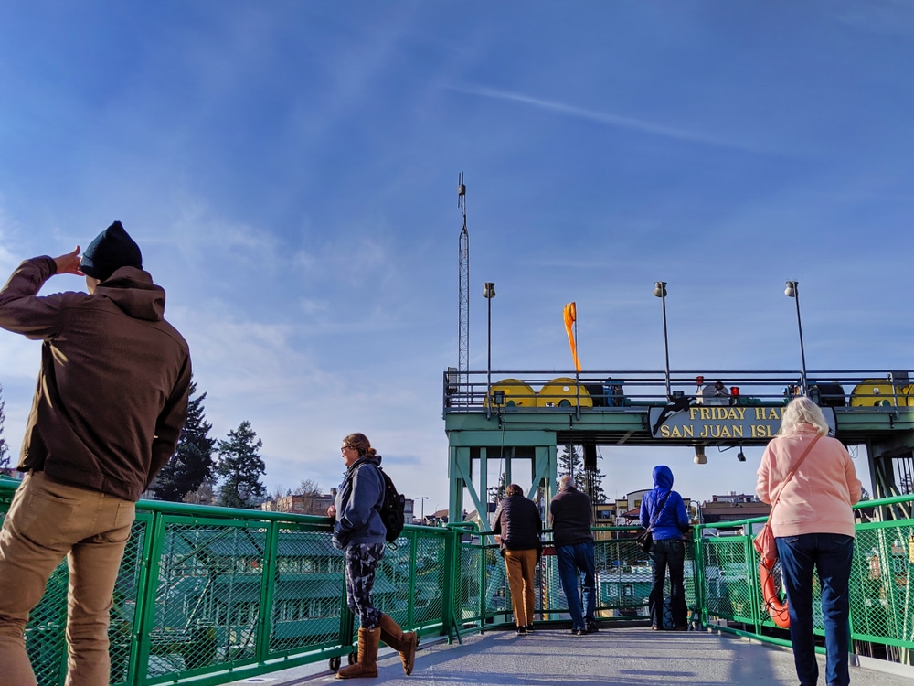 San Juan Island Ferry, photo of the top deck of the ferry coming into dock