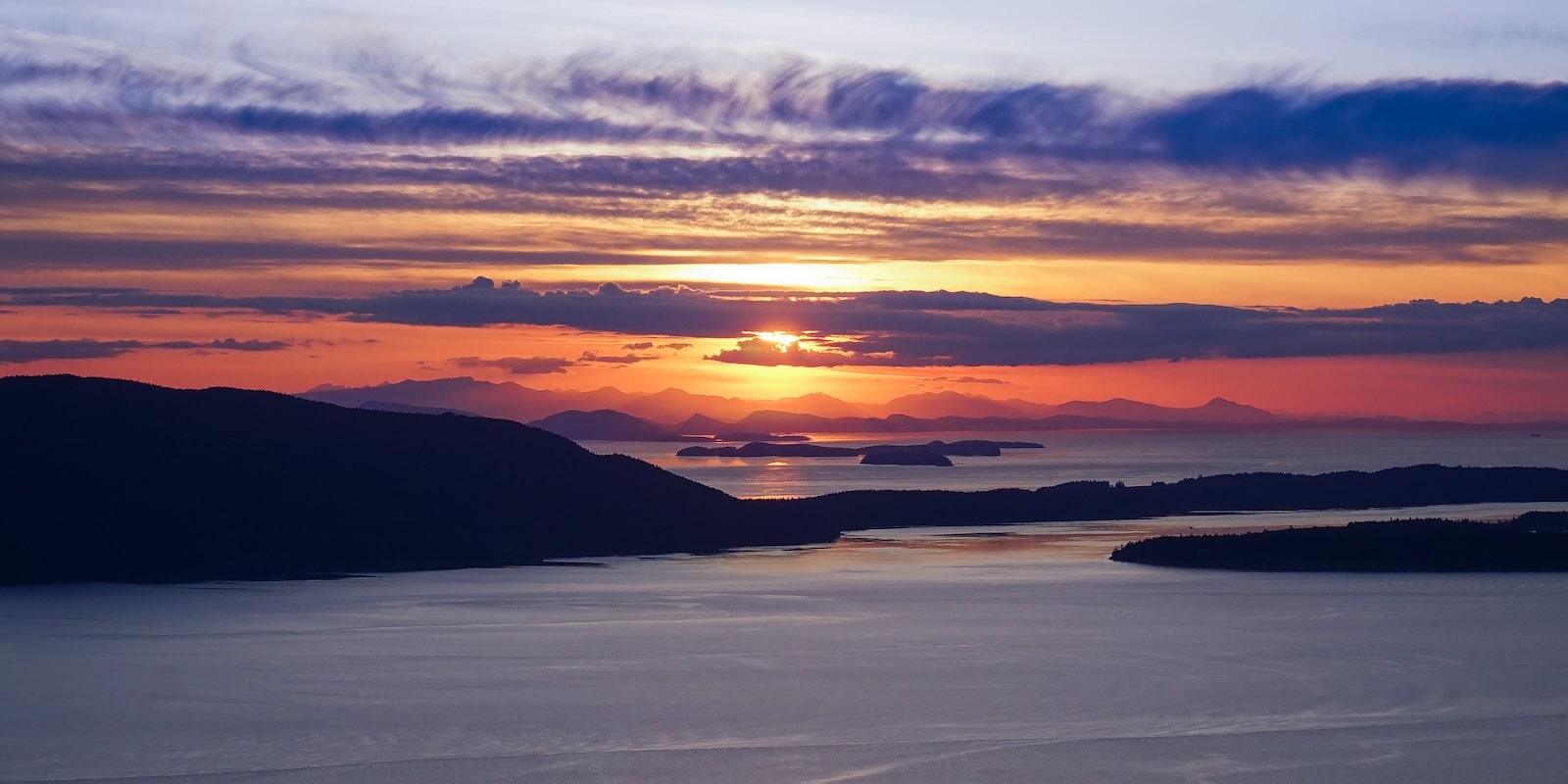 sunset over the water and small islands - best time to visit the San Juan Islands